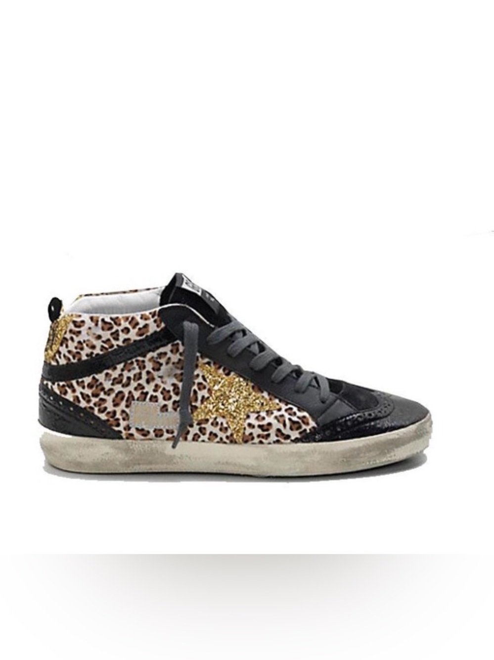 Golden Goose Mid Star Leopard Pony Hair Gold Glitter Sneakers 37 like-new
